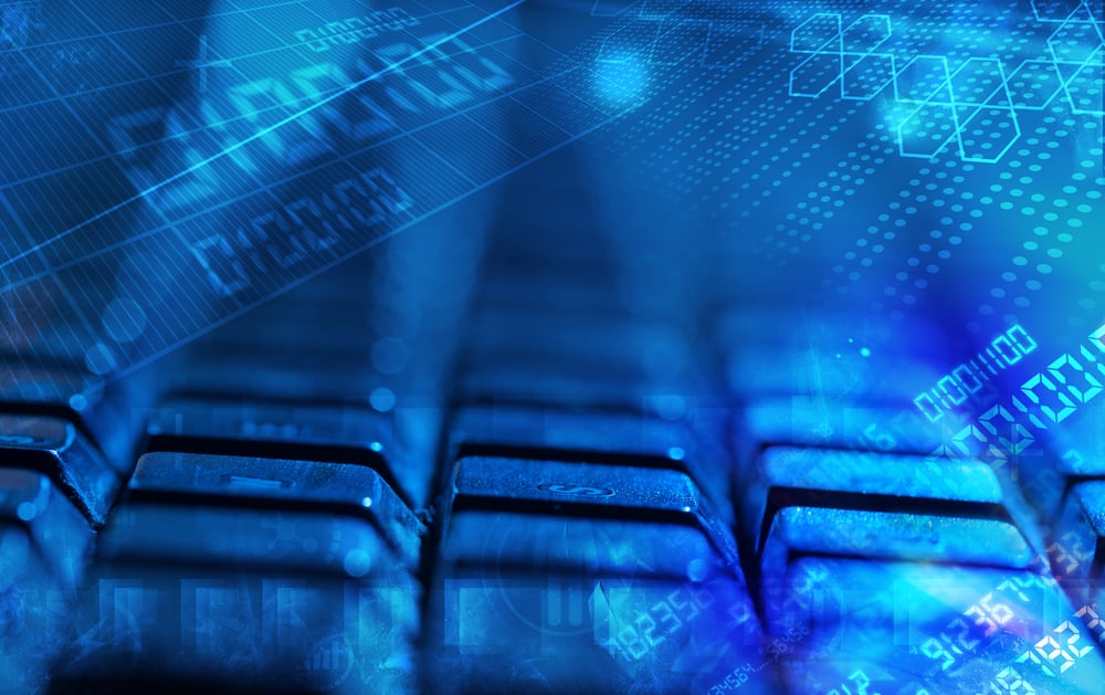Computer keyboard with glowing codes, programming concept Computer keyboard with glowing codes, programming concept